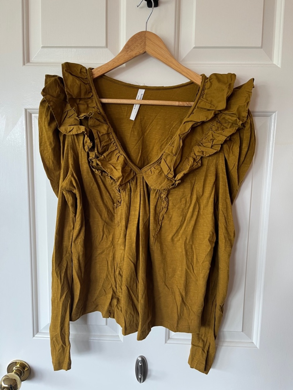 Anthropologie Ruffle V-Neck Long Sleeve Top - Mustard